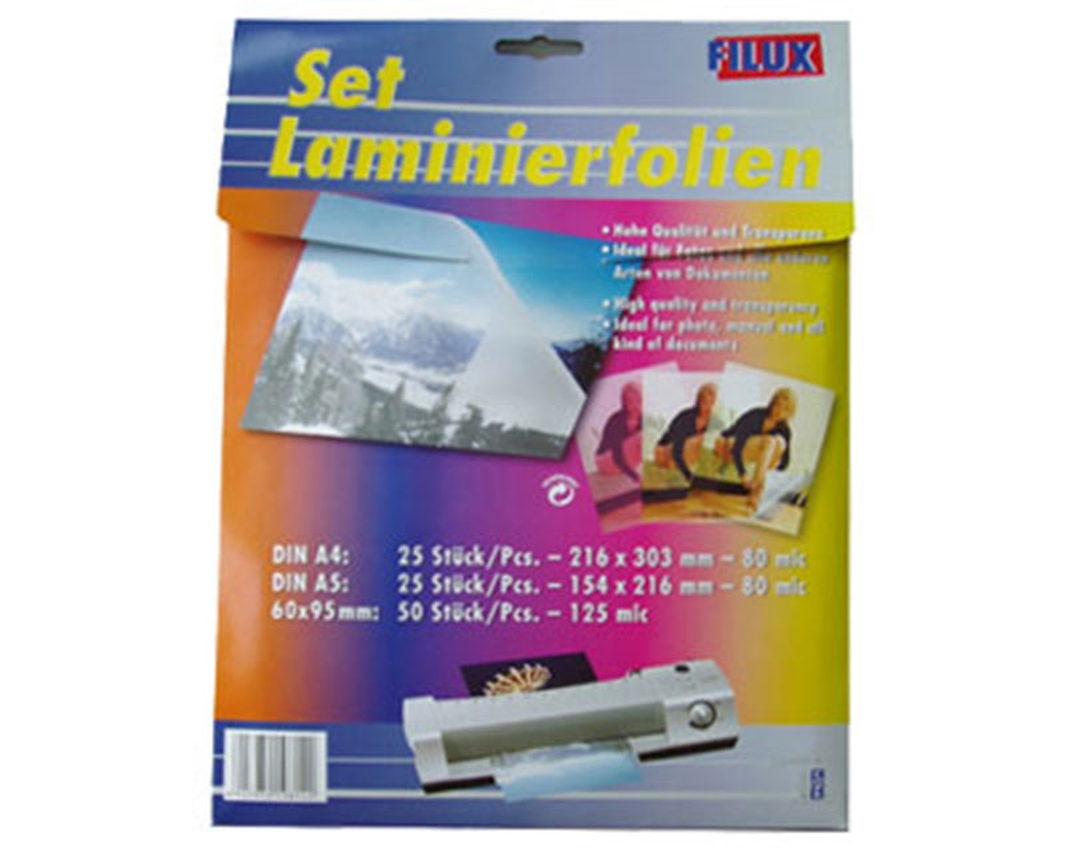 FILUX Laminierfolien Set A4, A5 und Visitenkartengrösse, 100 Stk.