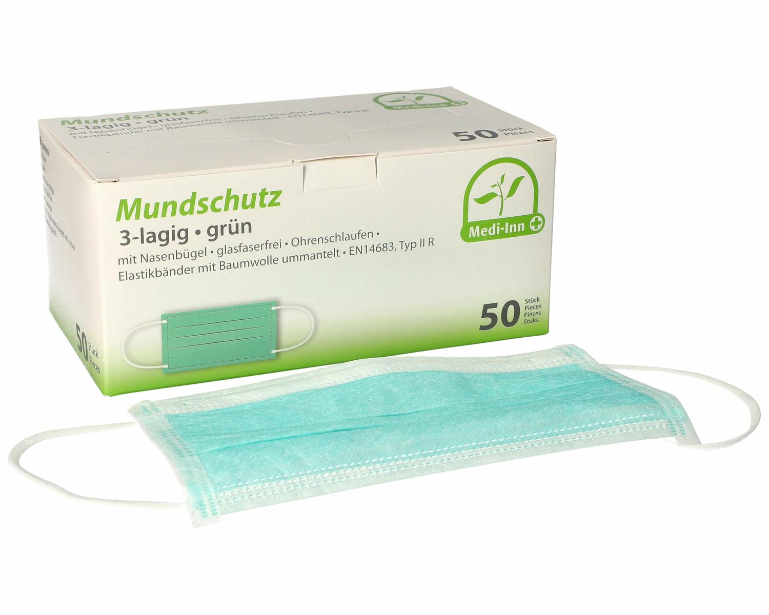 Mundschutz Typ IIR 3-lagig 9 cm x 17,5 cm Nasenbgel Elastikbndern grn 50 Stk.