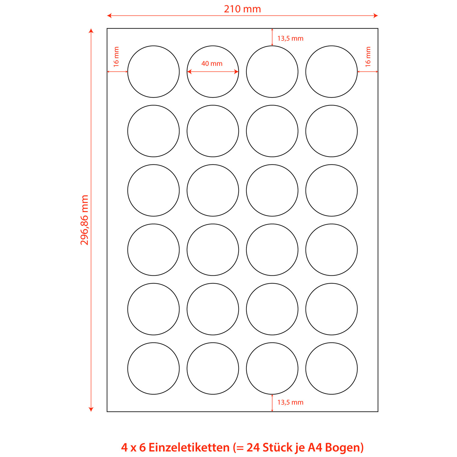 Etiketten Labels selbstklebend wei rund Durchmesser: 40mm auf DIN A4, 2400 Stk.