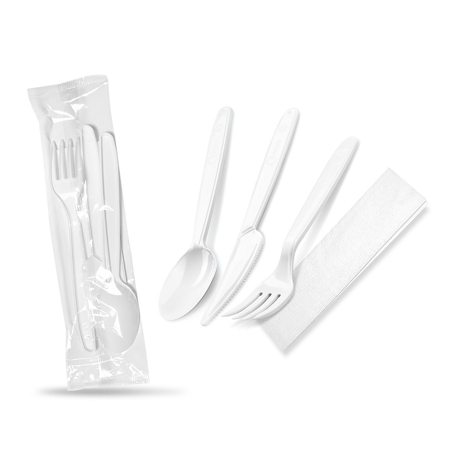 Bestecksets aus PP wiederverwendbar 4-teilig Gabel Messer Lffel Serviette hygienisch verpackt, 250 Sets